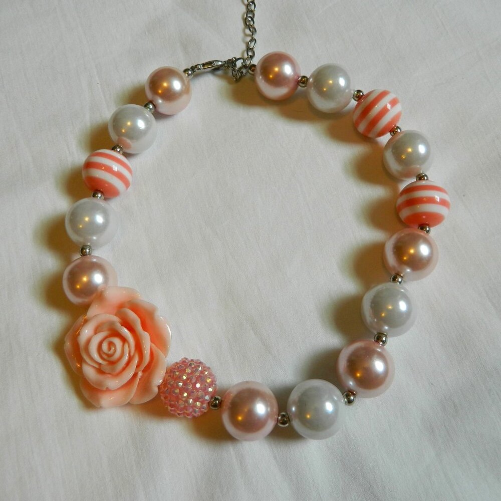 Girls Kids Chunky Bubble Gum Bead Necklace Pale Pink Flower